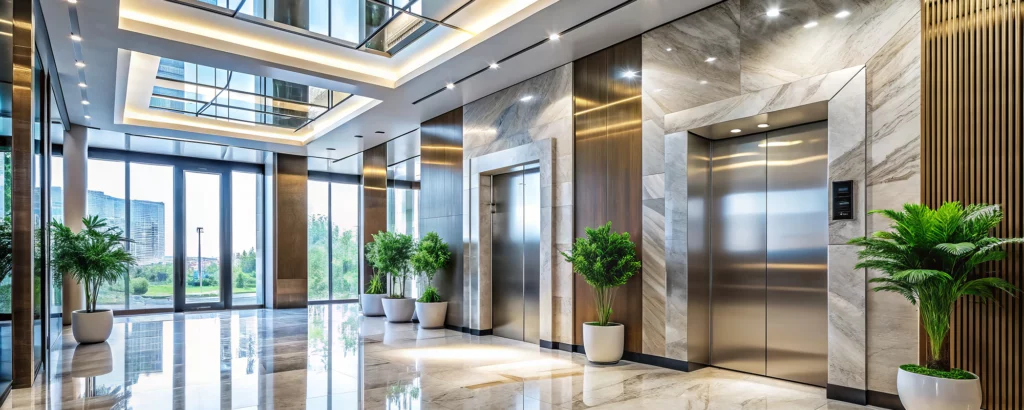 Lifts in the modern lobby of a building